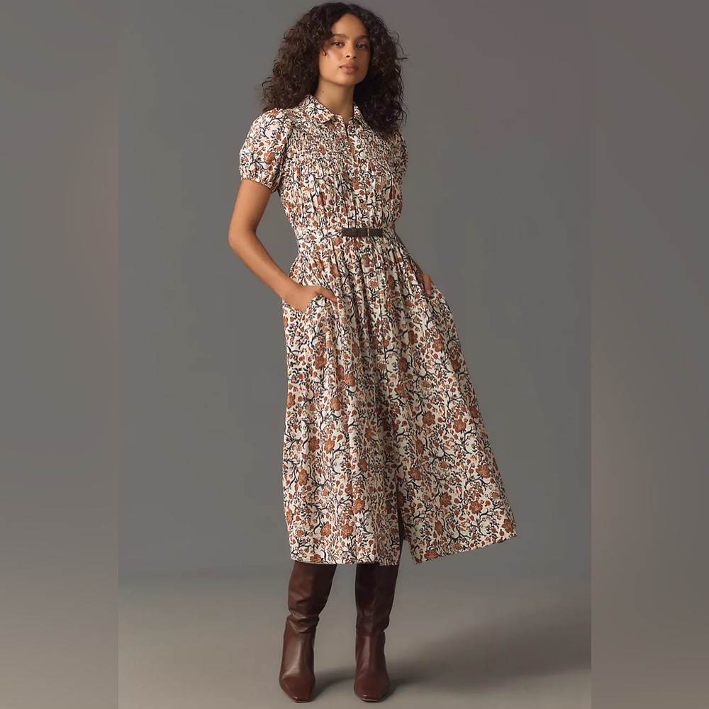 Maeve Brown and Cream Floral Midi Dress